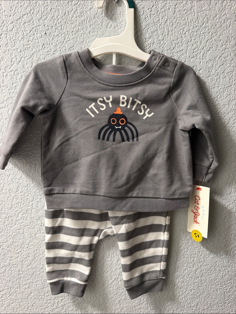 Cat & Jack Gray 'Itsy Bitsy' Sweatshirt and Striped Pants Set Halloween size 0-3